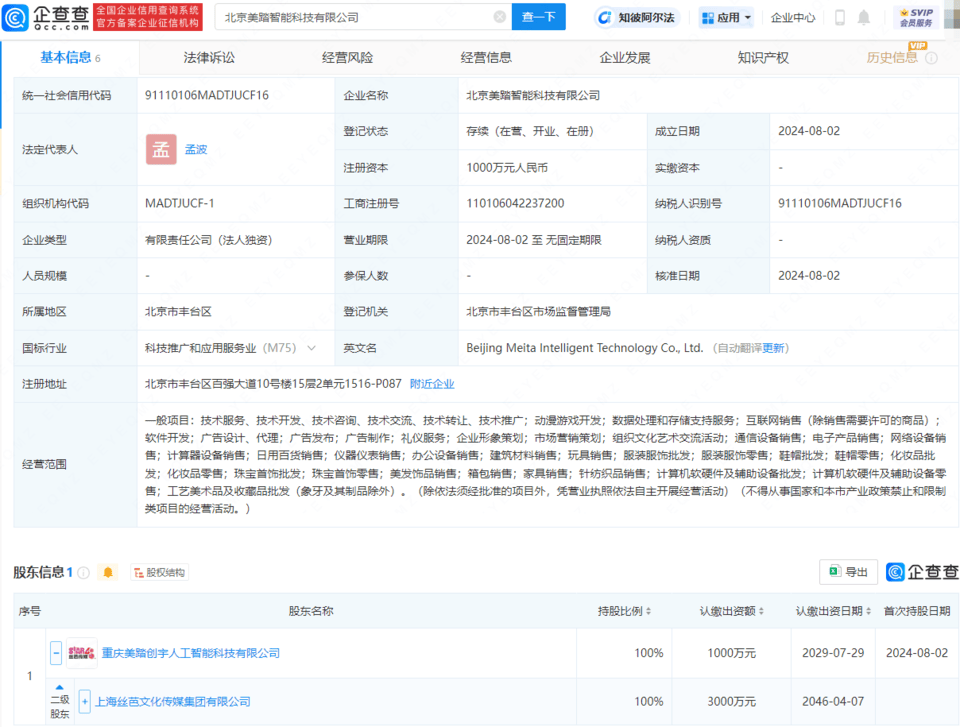 丝芭传媒旗下AI公司在北京成立智能科技新公司